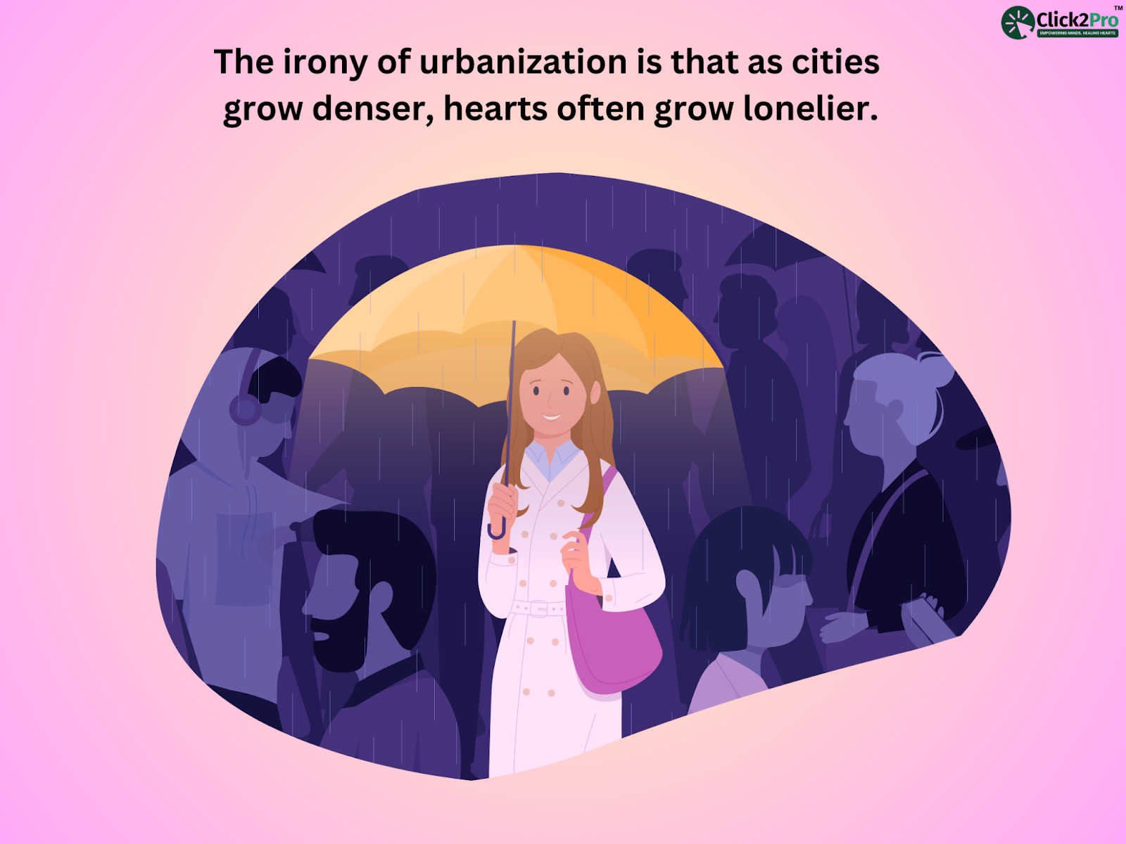 Urban loneliness: A woman under an umbrella surrounded by a crowd, symbolizing isolation in cities.