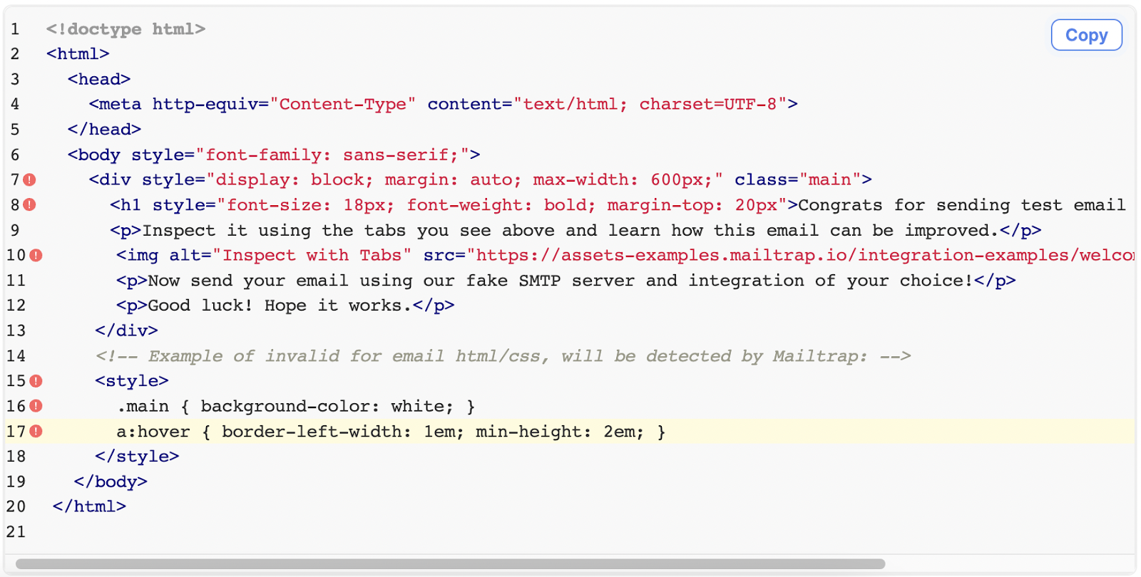 Mailtrap Email Testing HTML check with code inspection