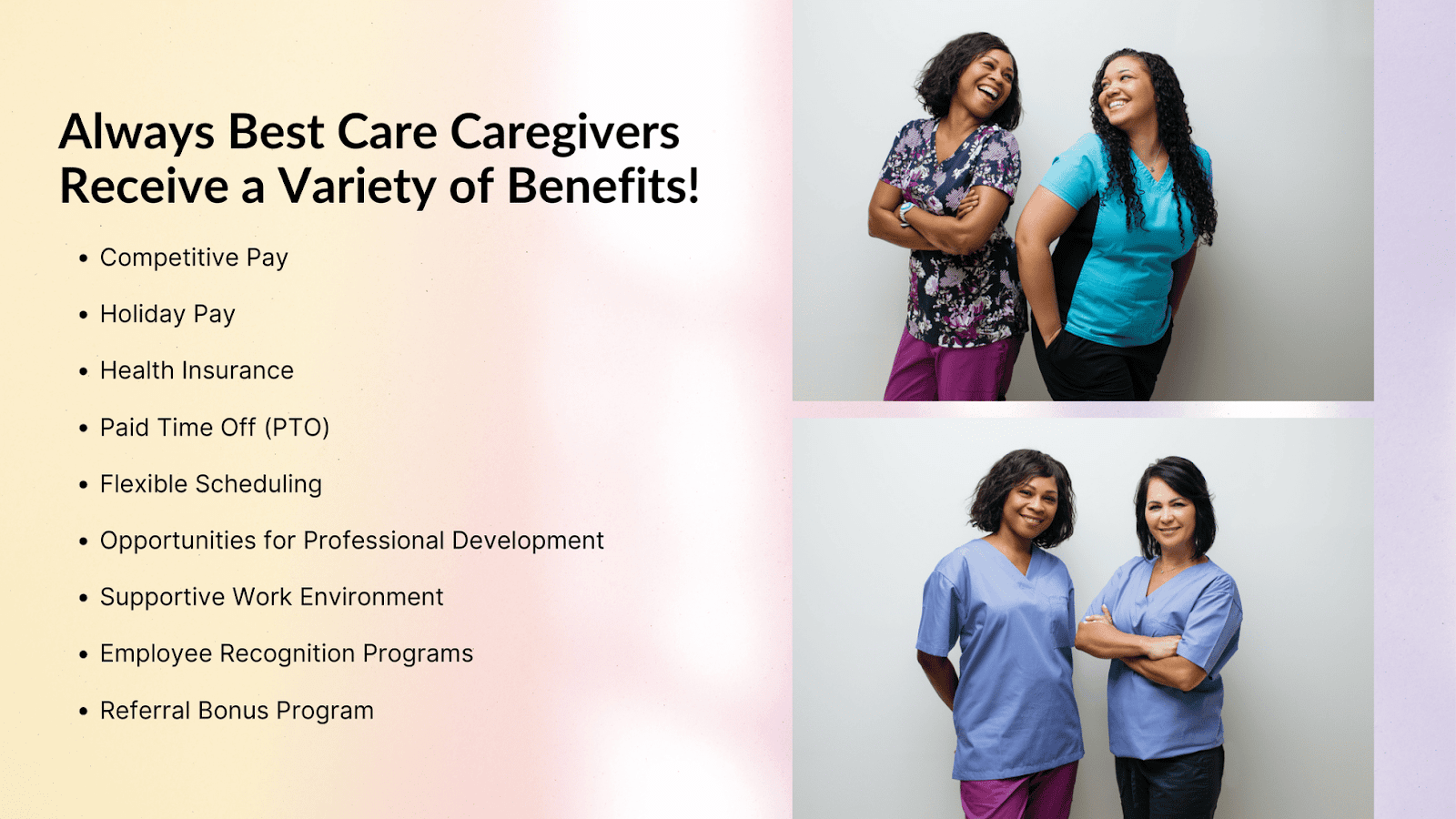 This infographic details the benefits received by Always Best Care caregivers