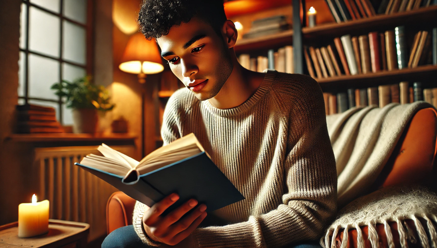 A young man with curly hair and a thoughtful expression sits in a cozy, dimly lit library, deeply engrossed in a book. He wears a warm knit sweater, and the soft glow of a candle flickers beside him, adding to the serene atmosphere. Shelves filled with books line the background, creating an inviting and intellectual ambiance perfect for reading and reflection.