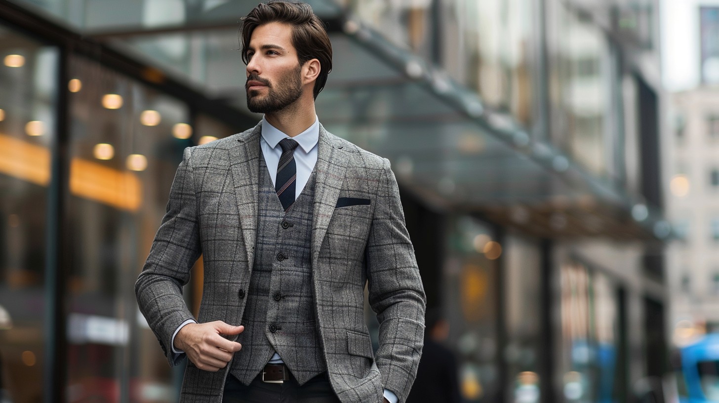 Man wearing a modern fit suit coat; balanced silhouette--not too tight or loose; stylish yet office-appropriate; paired with polished shoes; indoor or corporate setting