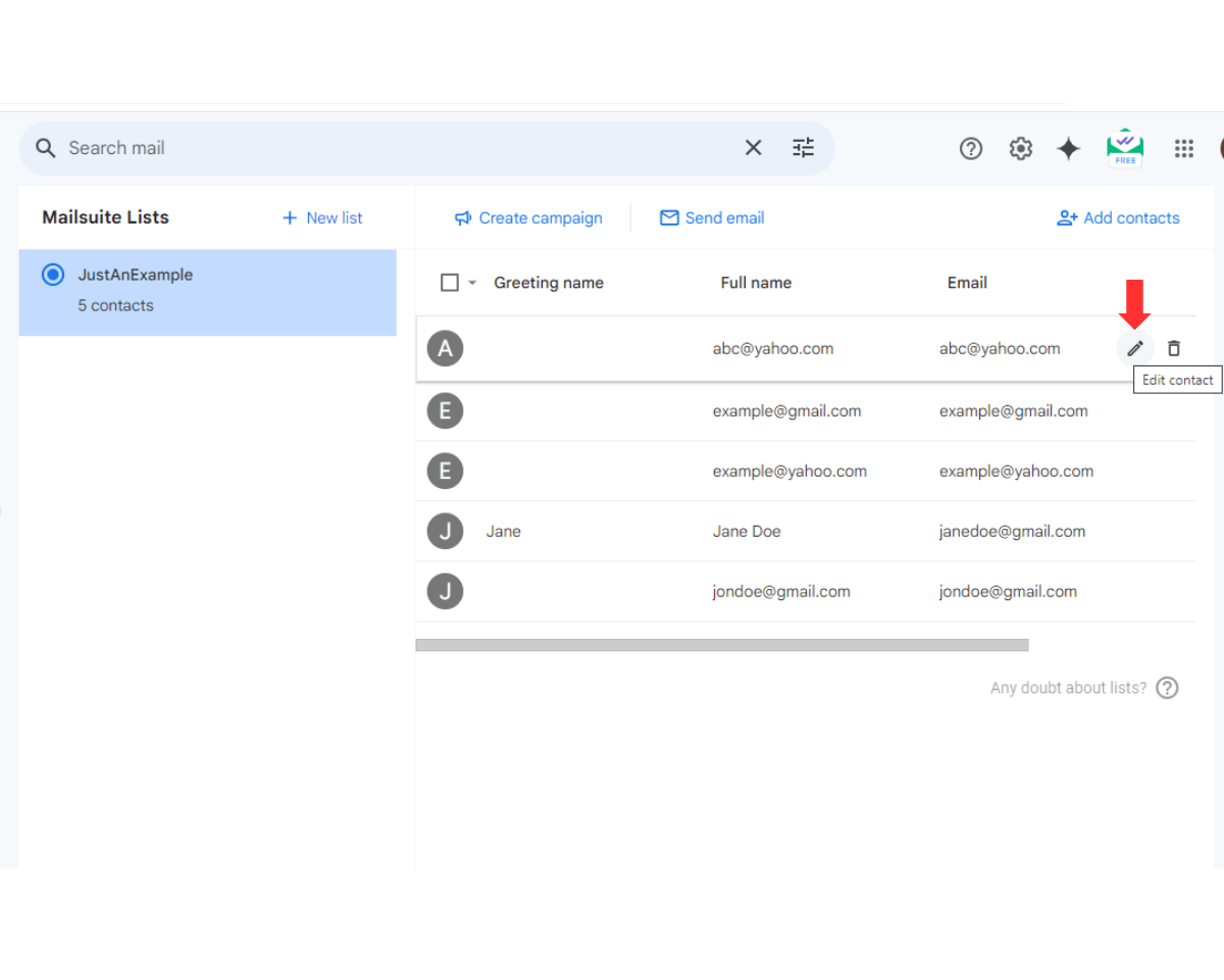 How to create email groups in Gmail with Mailsuite: After the Mailsuite list is created, click the edit icon to upate teh fields.