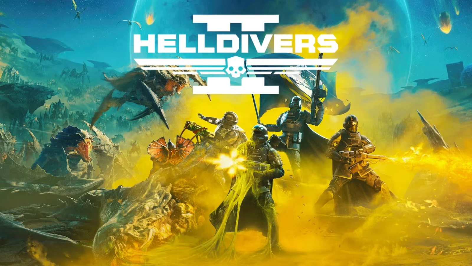 Soldiers killing alien bugs and the text Helldivers II