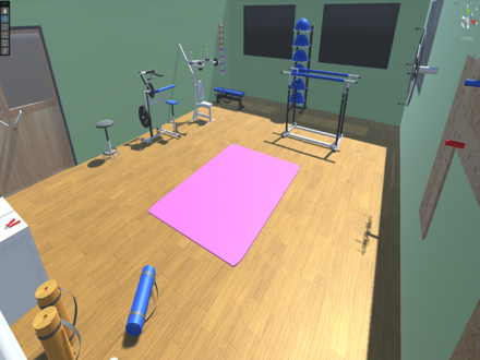 A room with a pink mat and exercise equipment

AI-generated content may be incorrect.