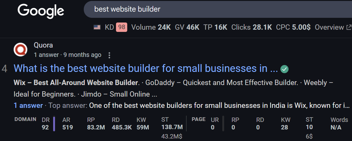 Parasite SEO Quora example