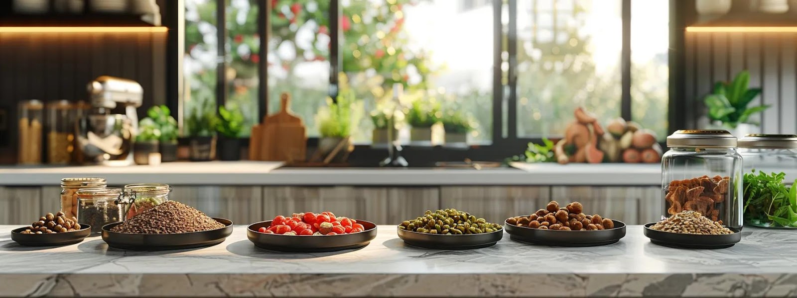 a meticulously arranged display of premium cat food ingredients, showcasing vibrant, specialized components in a sleek, modern kitchen setting, highlighting their distinct health benefits for felines.