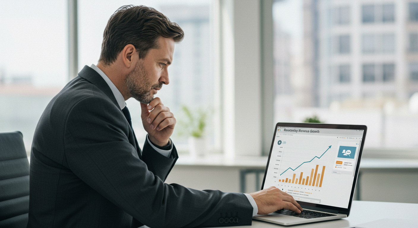 Business owner reviewing monthly recurring revenue growth from white-label UCaaS services.
