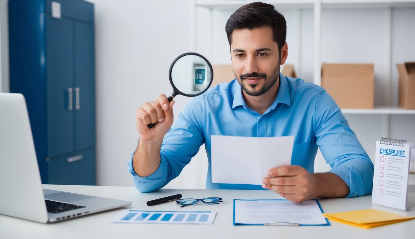 A seller inspecting returned items for signs of fraud and abuse, with a magnifying glass and a checklist in hand