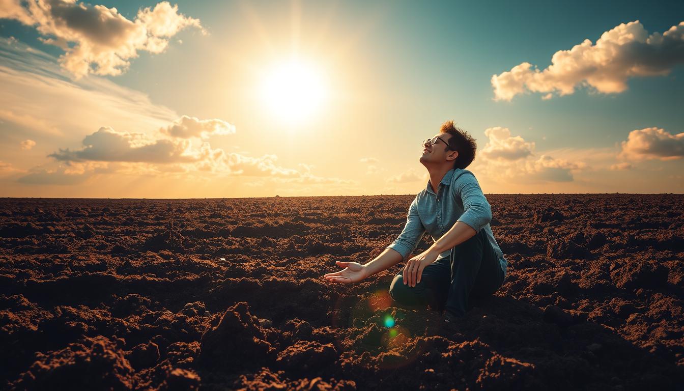 A person confidently planting a seed in fertile soil while gazing up at a bright sun.