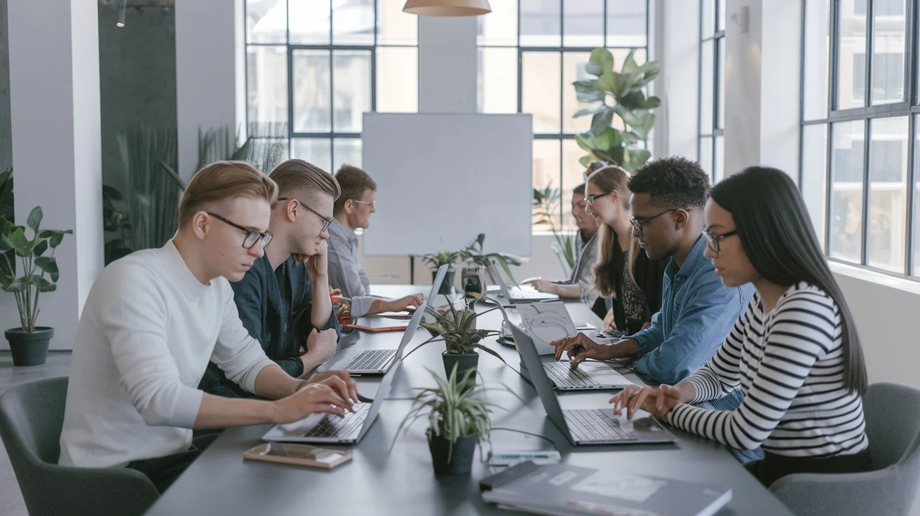 A team of professionals collaborating on a No-Code AI project using laptops and digital tools in a modern office setting.