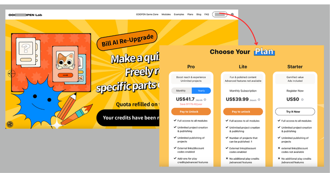 “A promotional banner for ‘Bill AI Re-Upgrade’ showing a cartoon blue star character with art supplies on the left, and a pricing plans comparison on the right. The plans include ‘Pro’ at US$41.7/month, ‘Lite’ at US$39.99/month, and ‘Starter’ free with limited features. Each plan lists features like project creation, publishing limits, and access to modules, with buttons to pay or try now.”