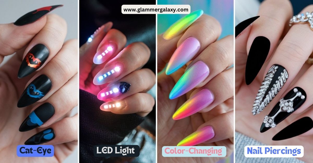 A picture of 4 images with cat eye , LED light , color changing and nail piercing nail paint designs