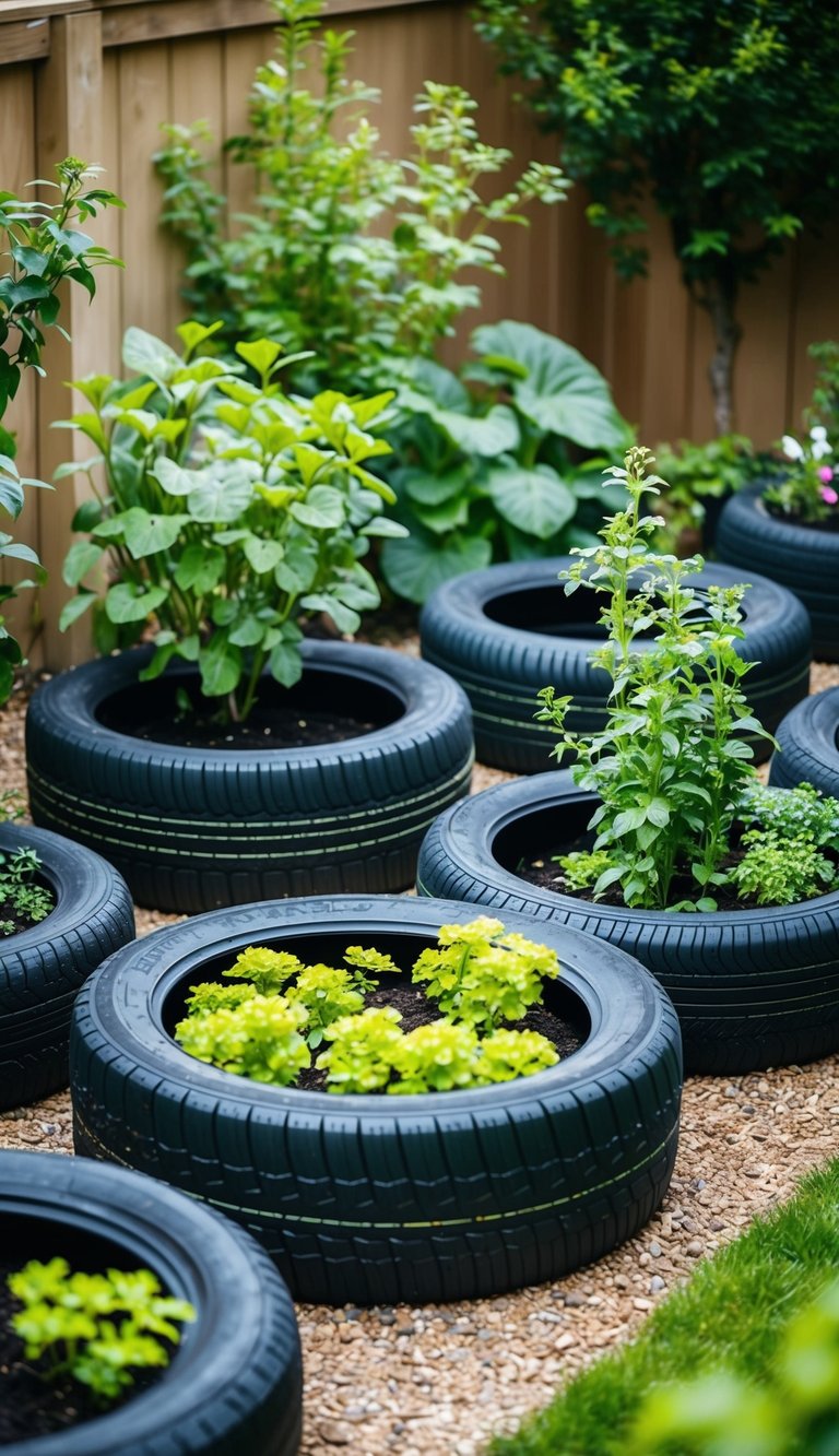 A garden filled with repurposed tire planters arranged in a corner, showcasing a creative and sustainable approach to gardening