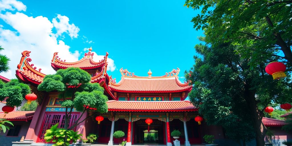 Thean Hou Temple with colorful lanterns and greenery