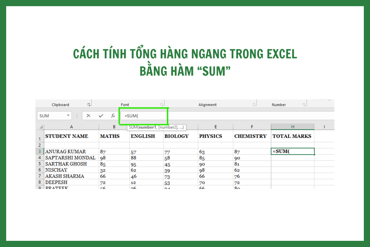 Sử dụng hàm SUM để tính tổng hàng ngang là cách phổ biến nhất