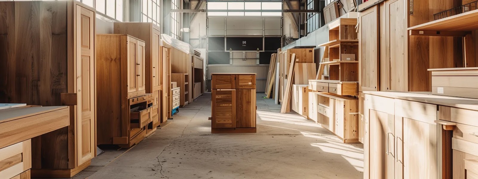 a stunning array of pristine, ready-to-finish cabinets displayed in a sunlit workshop, showcasing their smooth surfaces and rich wood grain, inviting creativity and craftsmanship.