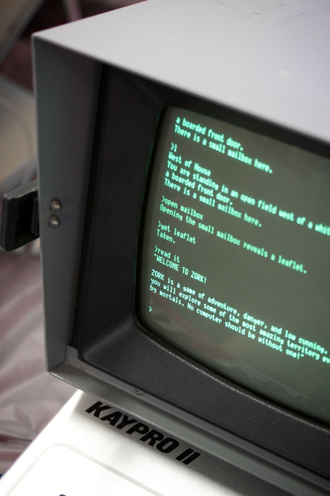 Old computer terminal screen with Zork I. 