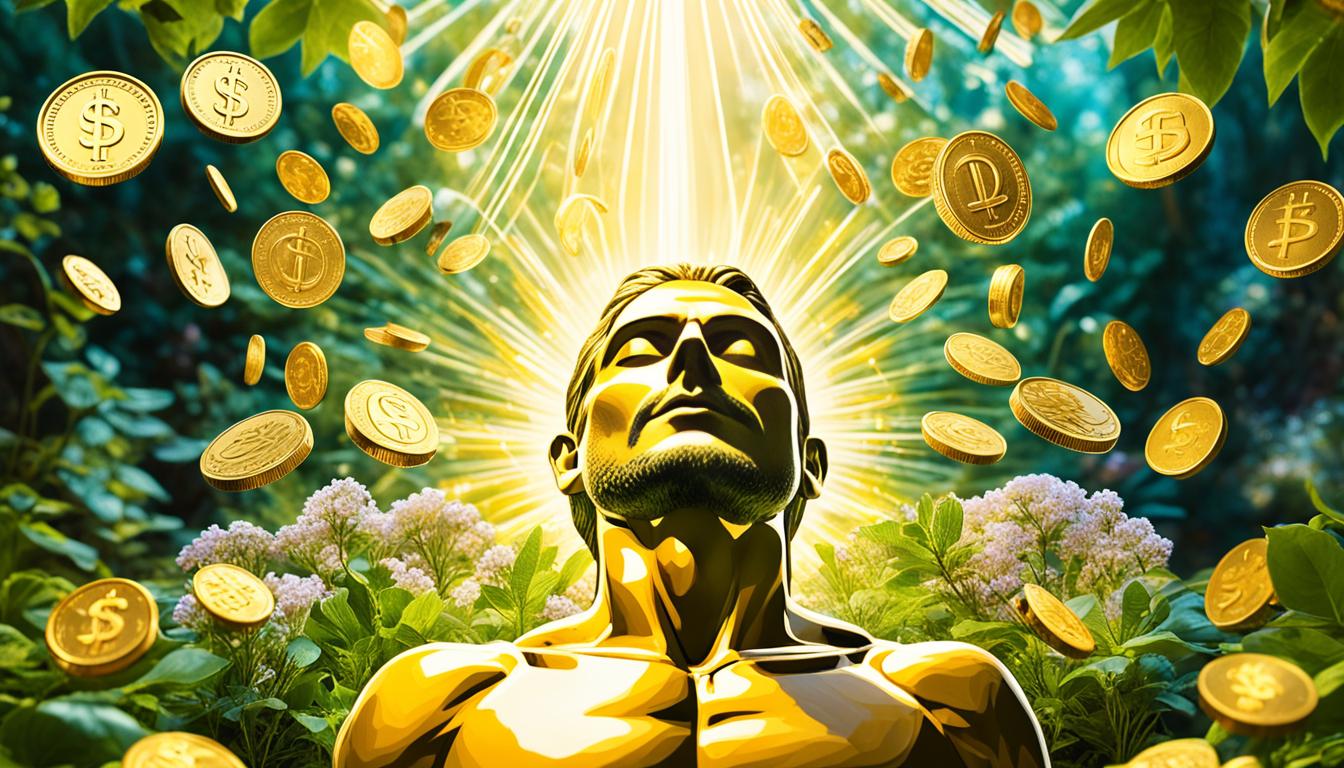 An image of a person meditating with a golden light emanating from their forehead, surrounded by symbols of abundance such as coins, dollar bills, and gold bars. The background should feature a lush garden filled with blooming flowers and trees, symbolizing growth and prosperity. Rays of sunlight should be shining down on the figure, representing divine guidance and positive energy. The overall feeling of the image should be one of peace, harmony, and financial abundance.