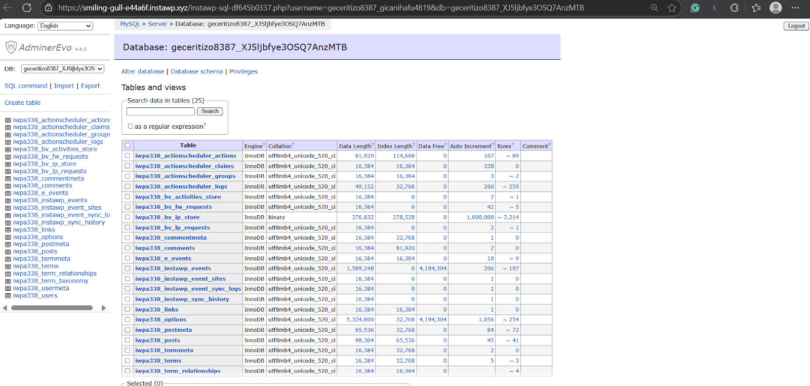 Exmaple of WordPress database 
