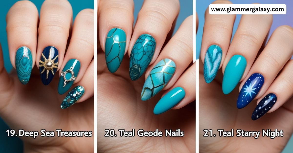 Three sets of teal-themed nail art designs, labeled 19 to 21, featuring marine and geode patterns.