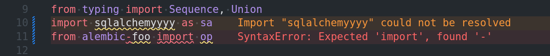 Screenshot of inline error messages from Error Lens, showing a Python type error directly on the line of code.