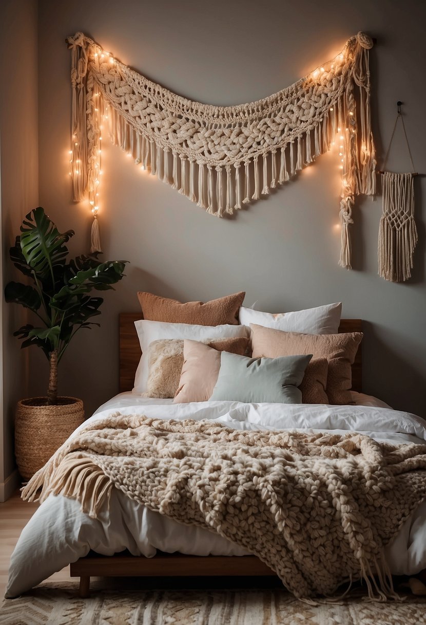 A cozy bedroom with macrame wall hangings, soft lighting, and plush bedding. A serene and inviting space for relaxation and rejuvenation