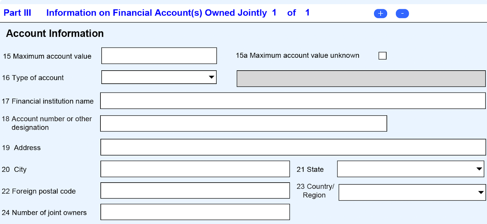 A screenshot of the "Account Information" section of Part III: Information on Financial Account(s) Owned Jointly on the FBAR.