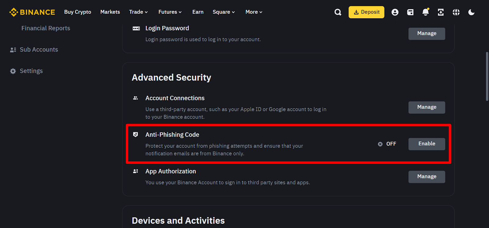 Binance advanced security settings with Anti-Phishing Code highlighted for email protection against phishing attempts.