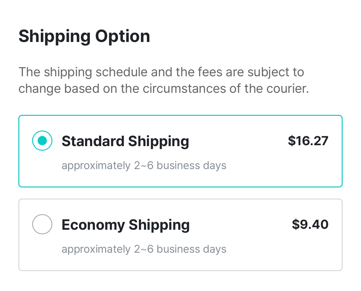 Screenshot from weverse showing shipping costs set at either $16.27 for "Standard" shipping or $9.40 for "economy shipping." Both take approximately 2~6 business days