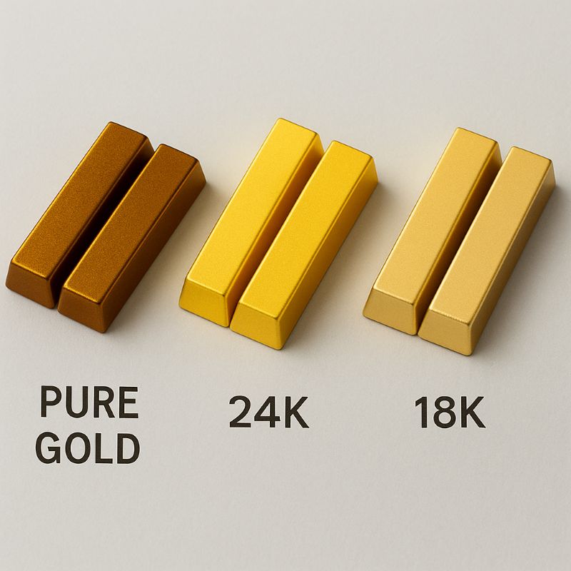 Nhiều thanh vàng 9999, 24K và 18K đặt cạnh nhau