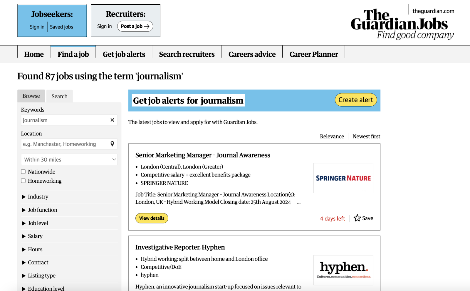 Guardian.com - journalism jobs top sites