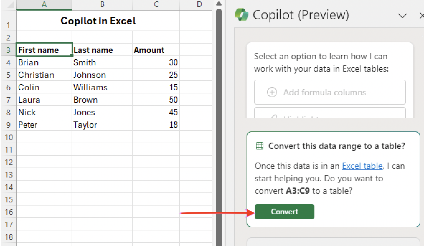 Using copilot in Excel