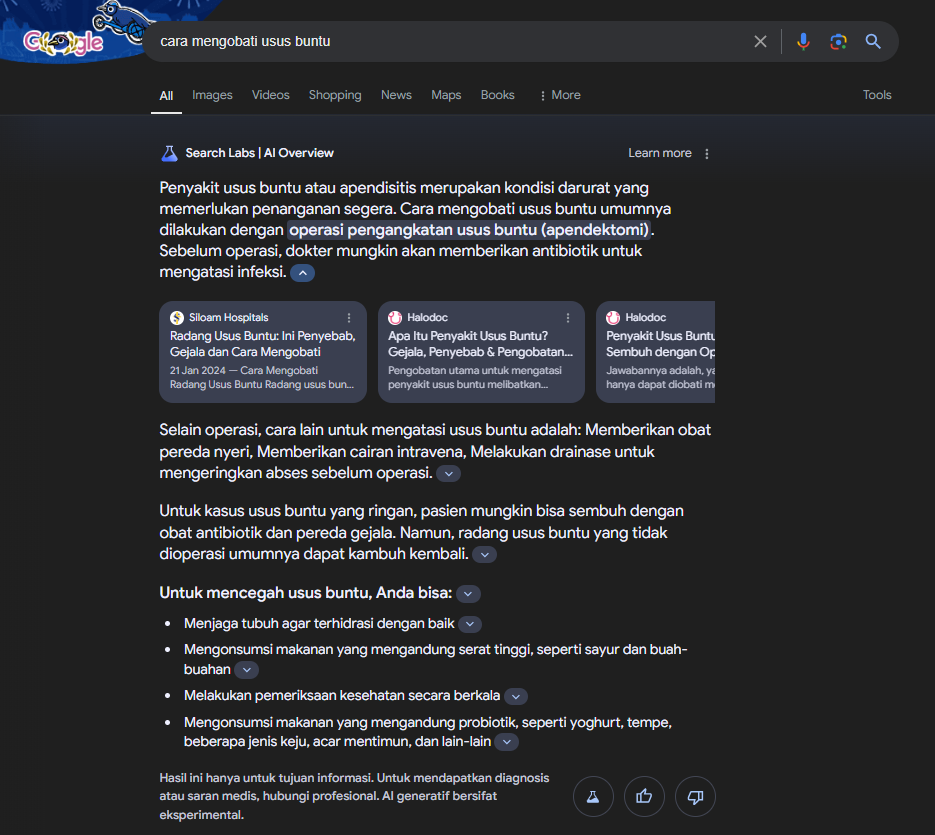 Gambar 3: Hasil AI Overview untuk pengobatan usus buntu dalam bahasa Indonesia.