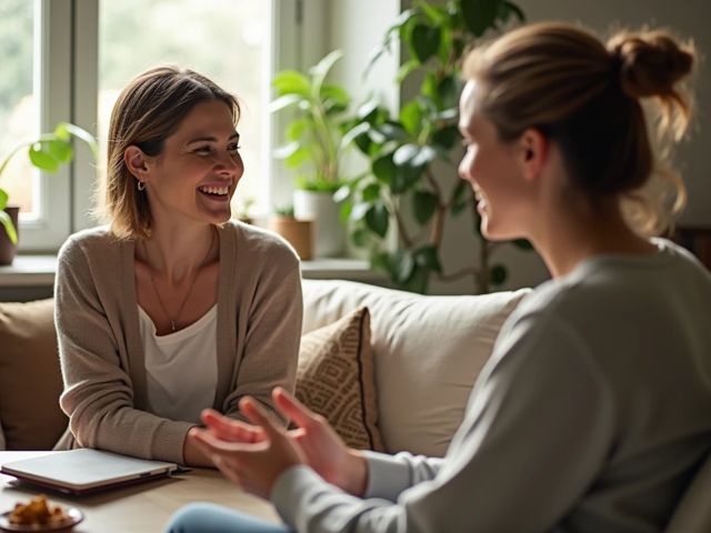 A warm and inviting health coaching session in a cozy room, with a smiling health coach and a client engaged in a deep conversation. Soft natural light filters through the window, plants in the background, and healthy snacks on the table, creating a nurturing atmosphere.