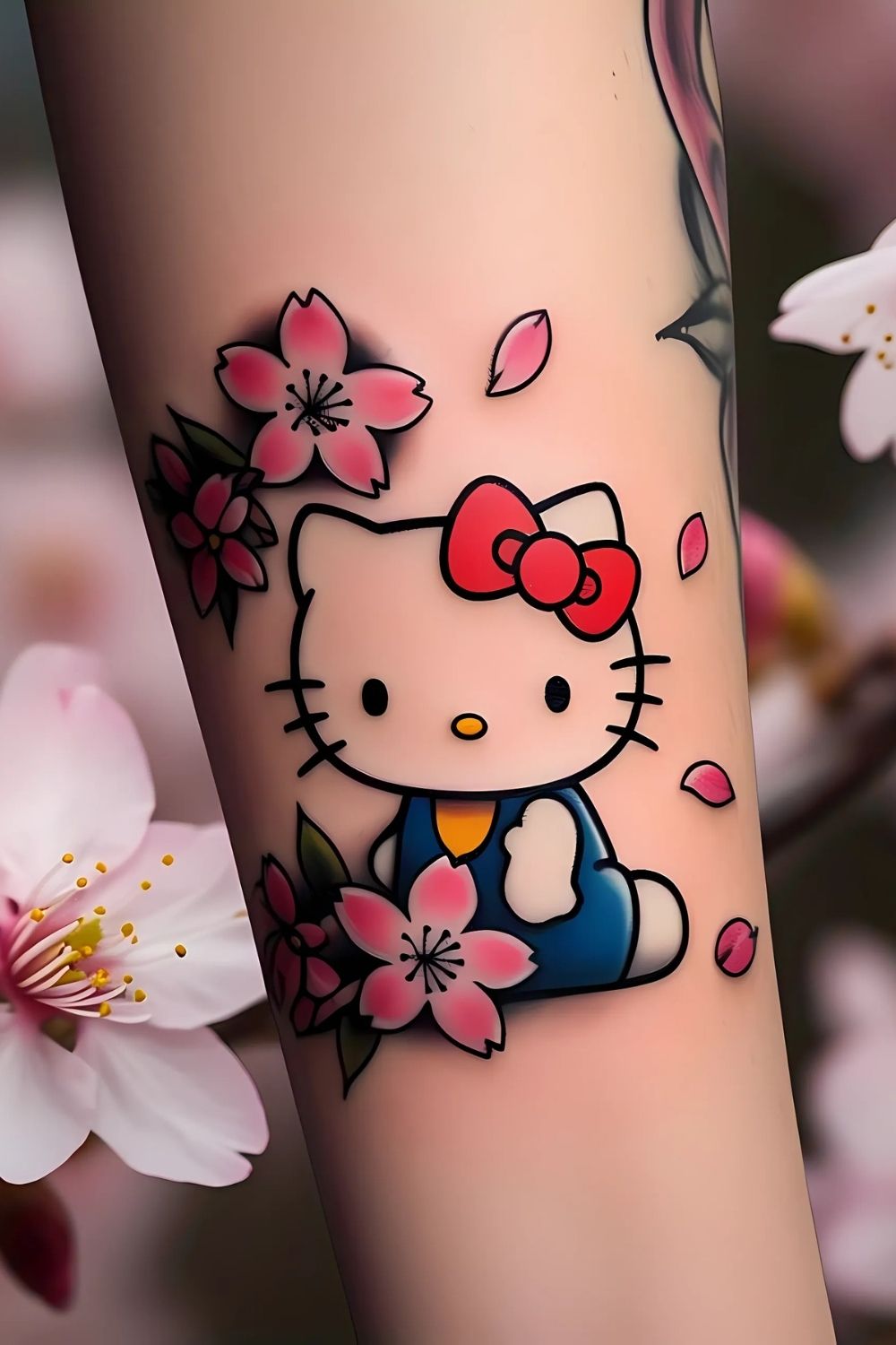 Hello Kitty Sitting Under Cherry Blossoms Tattoo