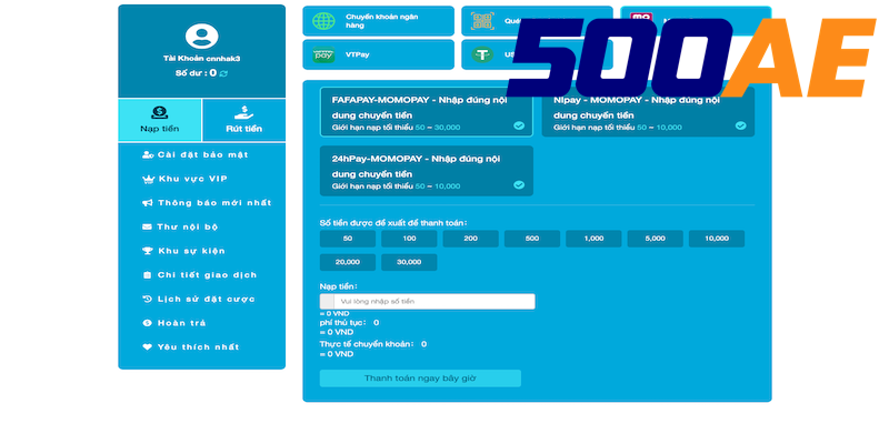 Hướng dẫn nạp tiền 500AE bằng ví điện tử