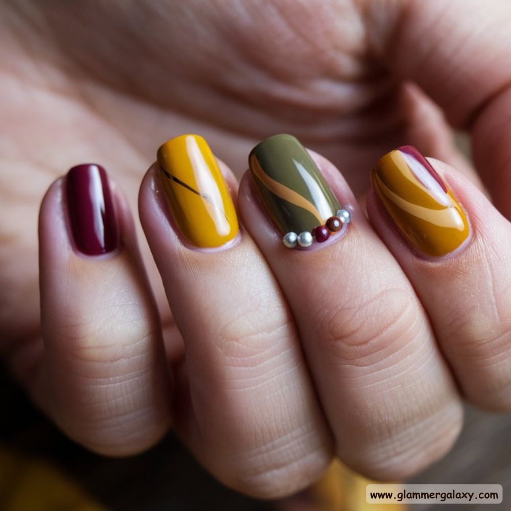 Neutral Fall Nails having Vibrant Autumn Skittles
