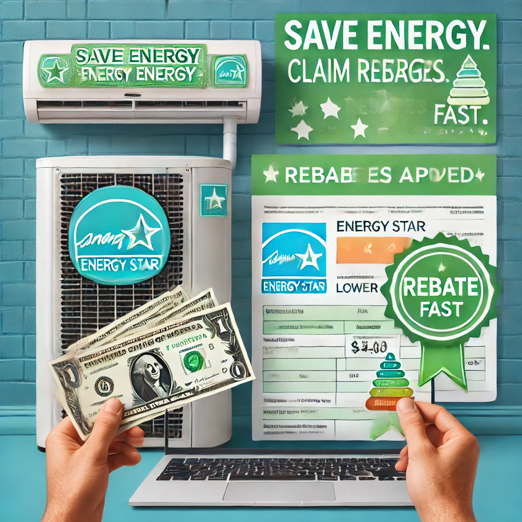 ENERGY STAR air conditioner next to a utility rebate approval and lower electricity bill highlighting energy savings.