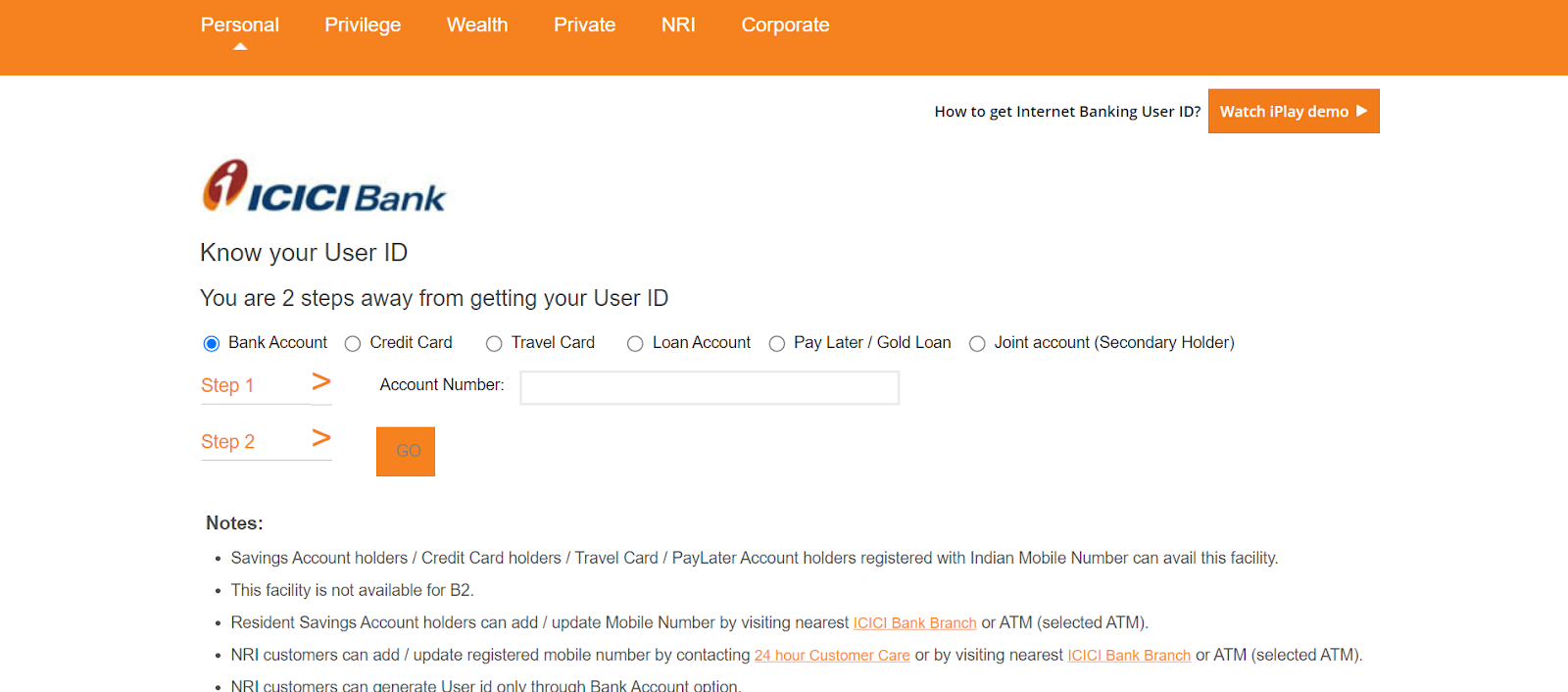 ICICI User ID for Net Banking  