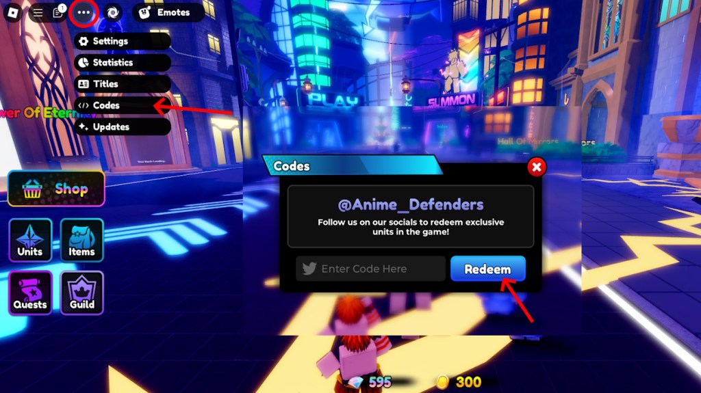 Redeem option for Anime Defenders codes