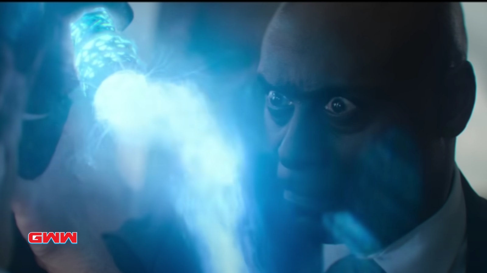 Percy Jackson Season 2: Poseidon holding Lance Reddick as Zeus hands