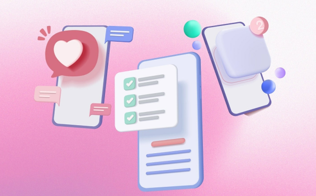Three smartphones floating on a pink background. One smartphone shows a checklist, another shows a heart-shaped button, and the third shows a notification with the number 2 like types of mobile apps