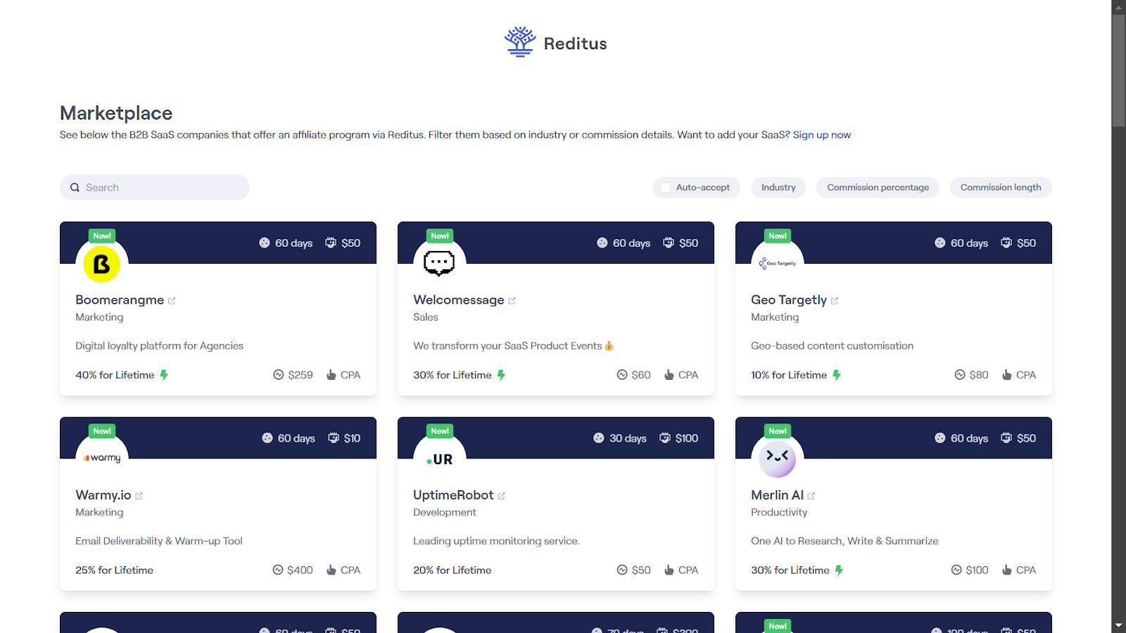 Screenshot from the Reditus Marketplace landing page.