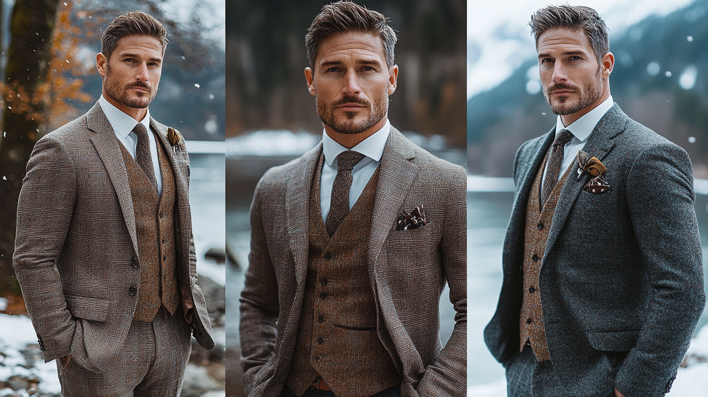 A stylish man in a tailored suit representing different seasons. For summer, he's in a lightweight linen suit on a beach; for autumn, he wears a wool tweed suit in a forest; for winter, he’s in a warm wool or flannel suit in a snowy landscape. The focus is on his confident, comfortable look, highlighting the fabrics in each setting