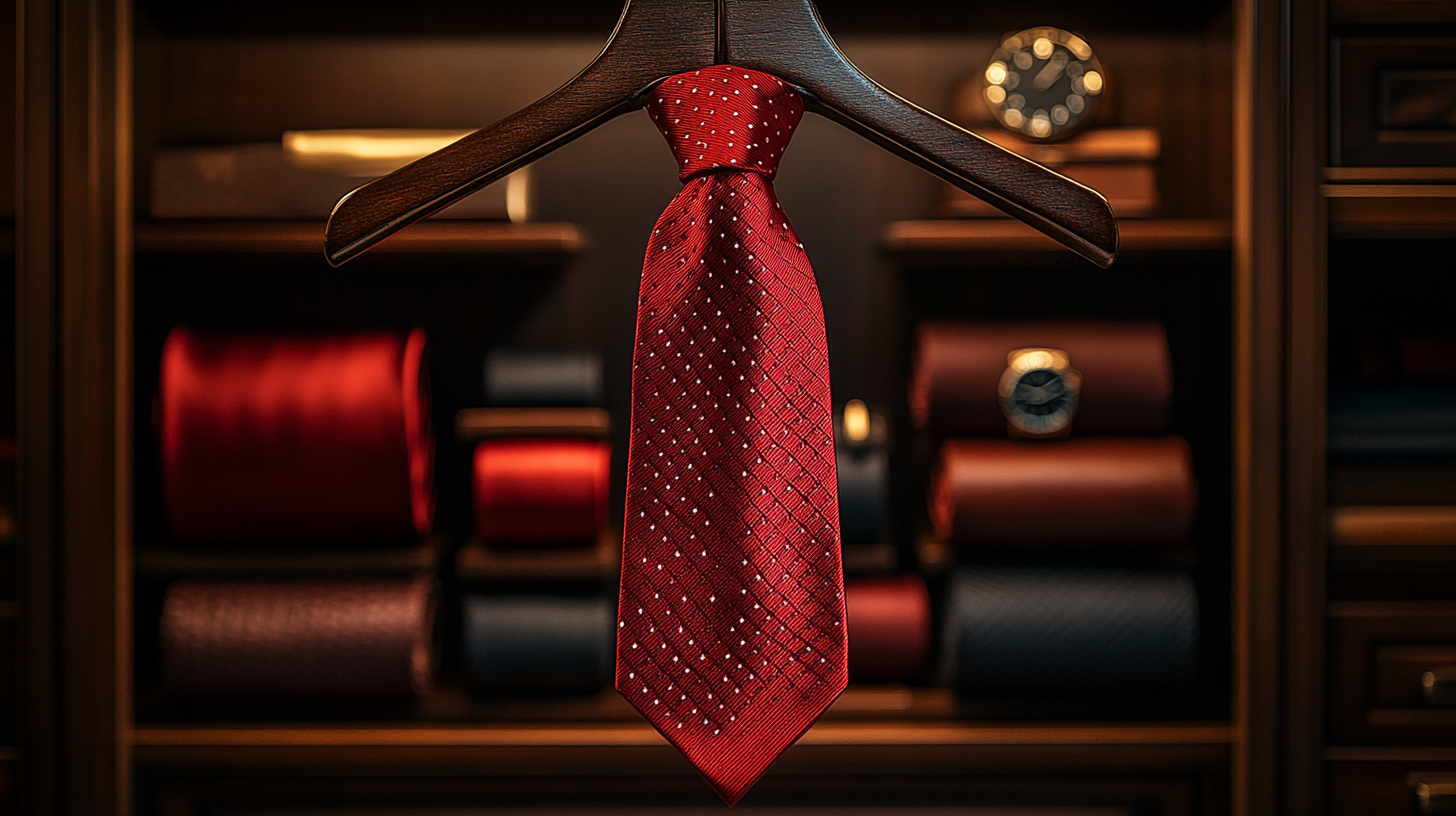 A bold red silk tie with a smooth, luxurious texture, elegantly draped over a premium wooden hanger inside a sophisticated men's closet. The closet features neatly arranged accessories like leather belts, watches, pocket squares, and cufflinks, creating a refined and stylish atmosphere. Soft ambient lighting enhances the elegance of the scene. Ultra-detailed, hyper-realistic, high-fashion photography, cinematic lighting, luxury men's wardrobe aesthetic.