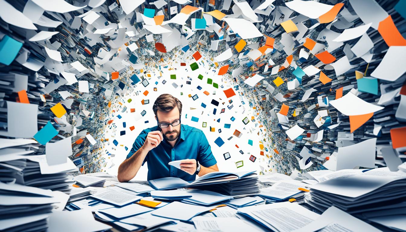 Create an image that shows a person using a magnifying glass to focus on a few specific pieces of information from a sea of overwhelming data. The person is surrounded by scattered papers, screens, and books, but their attention is solely on the few pages they are examining under the magnifying glass. The image should convey a sense of calm and concentration amidst chaos, emphasizing the importance of selective attention in managing information overload.