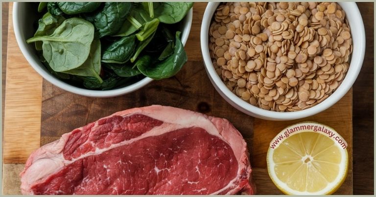 Iron-rich foods displayed, including spinach, lentils, steak, and lemon.