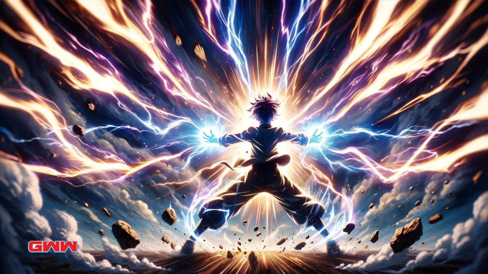 Anime character unleashing powerful energy surrounded by lightning and destruction