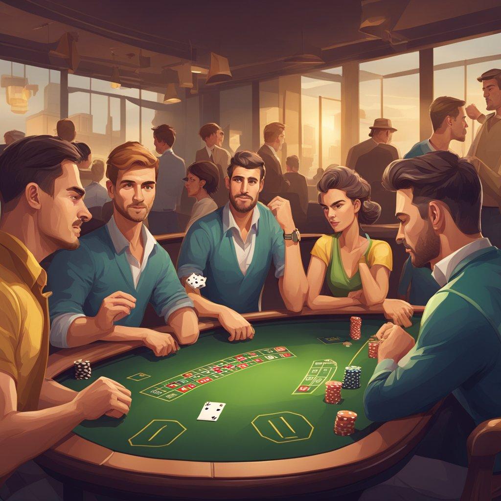 A group of Australian players engaging in various forms of gambling, with a focus on their facial expressions and body language indicating their psychological state