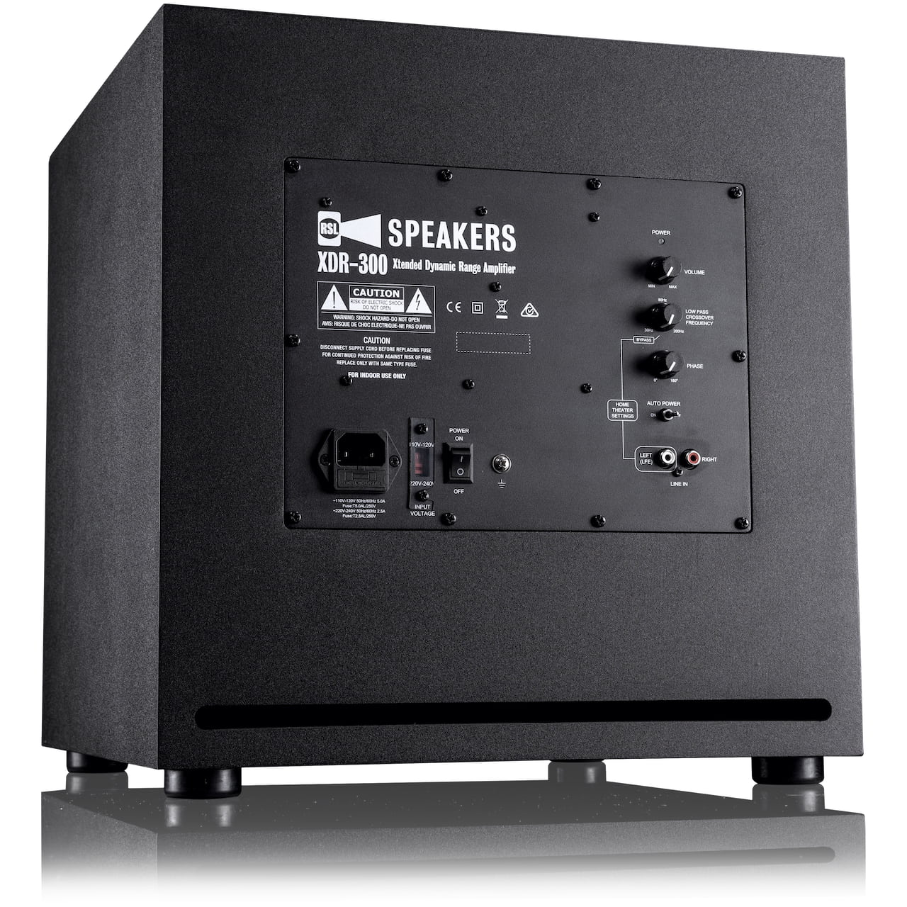 RSL Speedwoofer 10E, rear view showing inputs and connectivity options.
